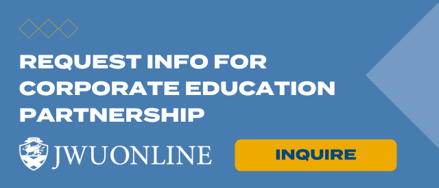 Blue banner that states "Request Info for Corporate Education Partnership" with a yellow "Inquire" button and the JWU Online logo